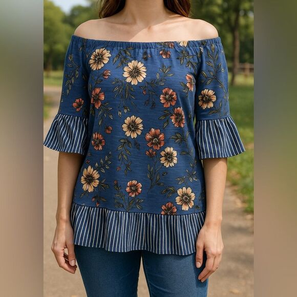Fred David Tops - Fred David Floral Stripe Ruffle Hem Bell Sleeve Top Blue Off-Shoulder M Cute
